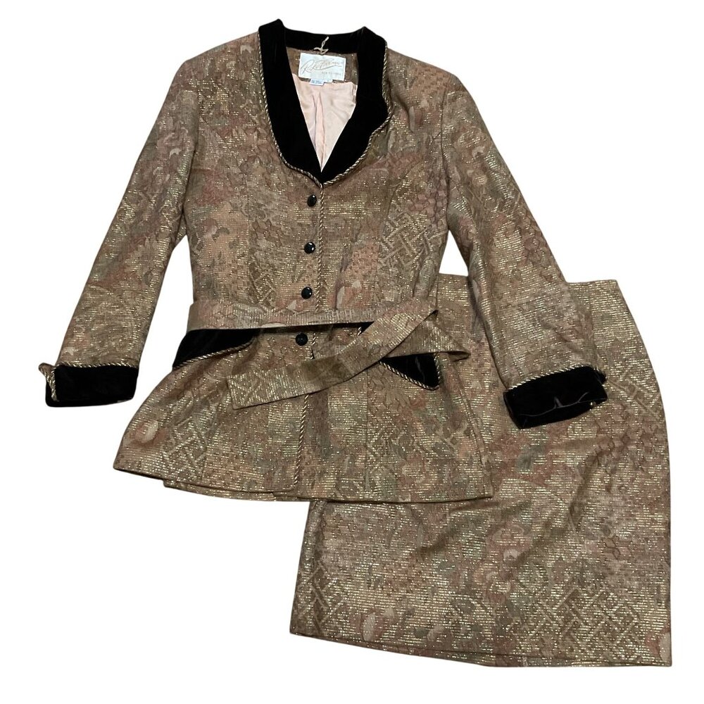 Vintage Rickie Freeman Skirt Suit Sz 8 100% Wool Brown Belted Brocade Womens